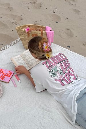 Vintage Seaside Vacation Style Printed Cotton Short Sleeve T-Shirt for Women - Oversized Trendy European American Fashion