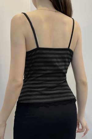 Vintage Shibuya Striped Lace Spliced Pleated Camisole for Women - Slim Fit Versatile Base Top in 90s Style