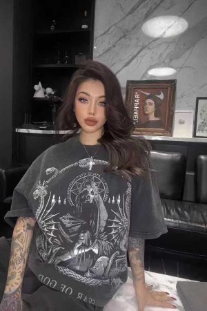 Vintage Skull Print Washed Distressed Short Sleeve T-Shirt for Couples - Trendy American Street Style