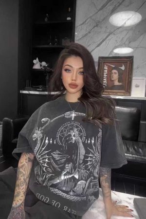 Vintage Skull Print Washed Distressed Short Sleeve T-Shirt for Couples - Trendy American Street Style