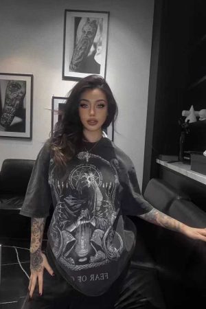 Vintage Skull Print Washed Distressed Short Sleeve T-Shirt for Couples - Trendy American Street Style