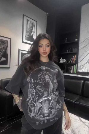 Vintage Skull Print Washed Distressed Short Sleeve T-Shirt for Couples - Trendy American Street Style