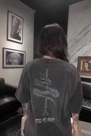 Vintage Skull Print Washed Distressed Short Sleeve T-Shirt for Couples - Trendy American Street Style