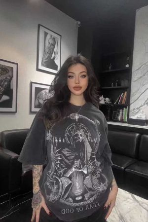 Vintage Skull Print Washed Distressed Short Sleeve T-Shirt for Couples - Trendy American Street Style