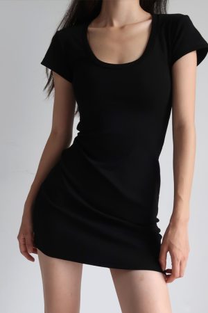 Vintage Slim-Fit Stretchy Big U-Neck High-Waisted Short Sleeve Dress for Women - American Style, Casual Chic Fashion