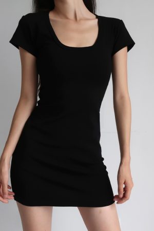 Vintage Slim-Fit Stretchy Big U-Neck High-Waisted Short Sleeve Dress for Women - American Style, Casual Chic Fashion