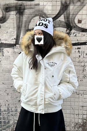 Vintage Slogan Embroidered Hooded Parka with Thick Fur Collar for Men and Women - Warm Cotton Jacket for Couples, Y2K Style