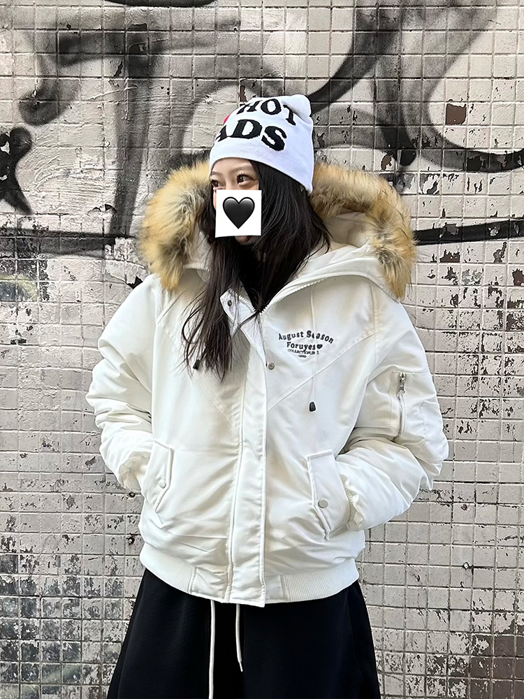 Vintage Slogan Embroidered Hooded Parka with Thick Fur Collar for Men and Women - Warm Cotton Jacket for Couples, Y2K Style Vintage Slogan Embroidered Hooded Parka with Thick Fur Collar for Men and Women - Warm Cotton Jacket for Couples, Y2K Style