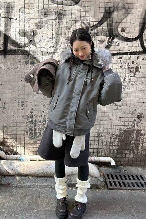 Vintage Slogan Embroidered Hooded Parka with Thick Fur Collar for Men and Women - Warm Cotton Jacket for Couples, Y2K Style