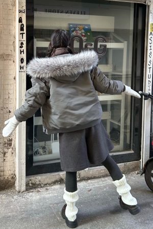 Vintage Slogan Embroidered Hooded Parka with Thick Fur Collar for Men and Women - Warm Cotton Jacket for Couples, Y2K Style