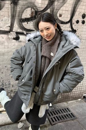 Vintage Slogan Embroidered Hooded Parka with Thick Fur Collar for Men and Women - Warm Cotton Jacket for Couples, Y2K Style