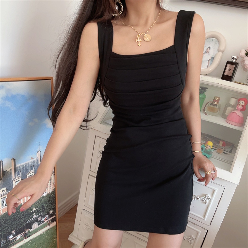 Vintage Square Neck Wide Strap Bodycon Dress with Gathered Waist for Spring/Summer - Retro Vacation Style Vintage Square Neck Wide Strap Bodycon Dress with Gathered Waist for Spring/Summer - Retro Vacation Style