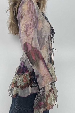 Vintage Star-Style Lace-Up Mesh Top - Elegant Slim-Fit Long Sleeve Chiffon Shirt for Y2K and 90s Inspired Fashion