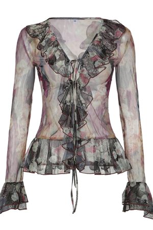 Vintage Star-Style Lace-Up Mesh Top - Elegant Slim-Fit Long Sleeve Chiffon Shirt for Y2K and 90s Inspired Fashion
