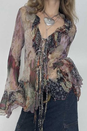 Vintage Star-Style Lace-Up Mesh Top - Elegant Slim-Fit Long Sleeve Chiffon Shirt for Y2K and 90s Inspired Fashion