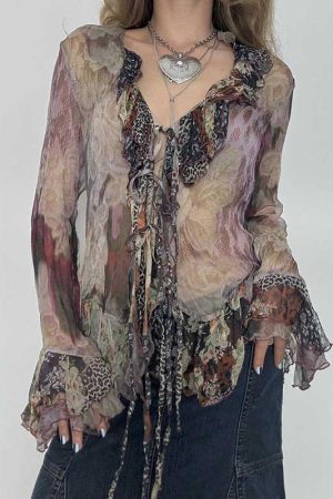 Vintage Star-Style Lace-Up Mesh Top - Elegant Slim-Fit Long Sleeve Chiffon Shirt for Y2K and 90s Inspired Fashion