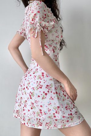 Vintage Strawberry Floral Square Neck Short Sleeve Dress for Women - Handmade with Puff Sleeves and Slim Fit - 90s Inspired Fashion