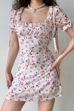 Vintage Strawberry Floral Square Neck Short Sleeve Dress for Women - Handmade with Puff Sleeves and Slim Fit - 90s Inspired Fashion