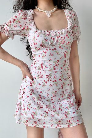Vintage Strawberry Floral Square Neck Short Sleeve Dress for Women - Handmade with Puff Sleeves and Slim Fit - 90s Inspired Fashion