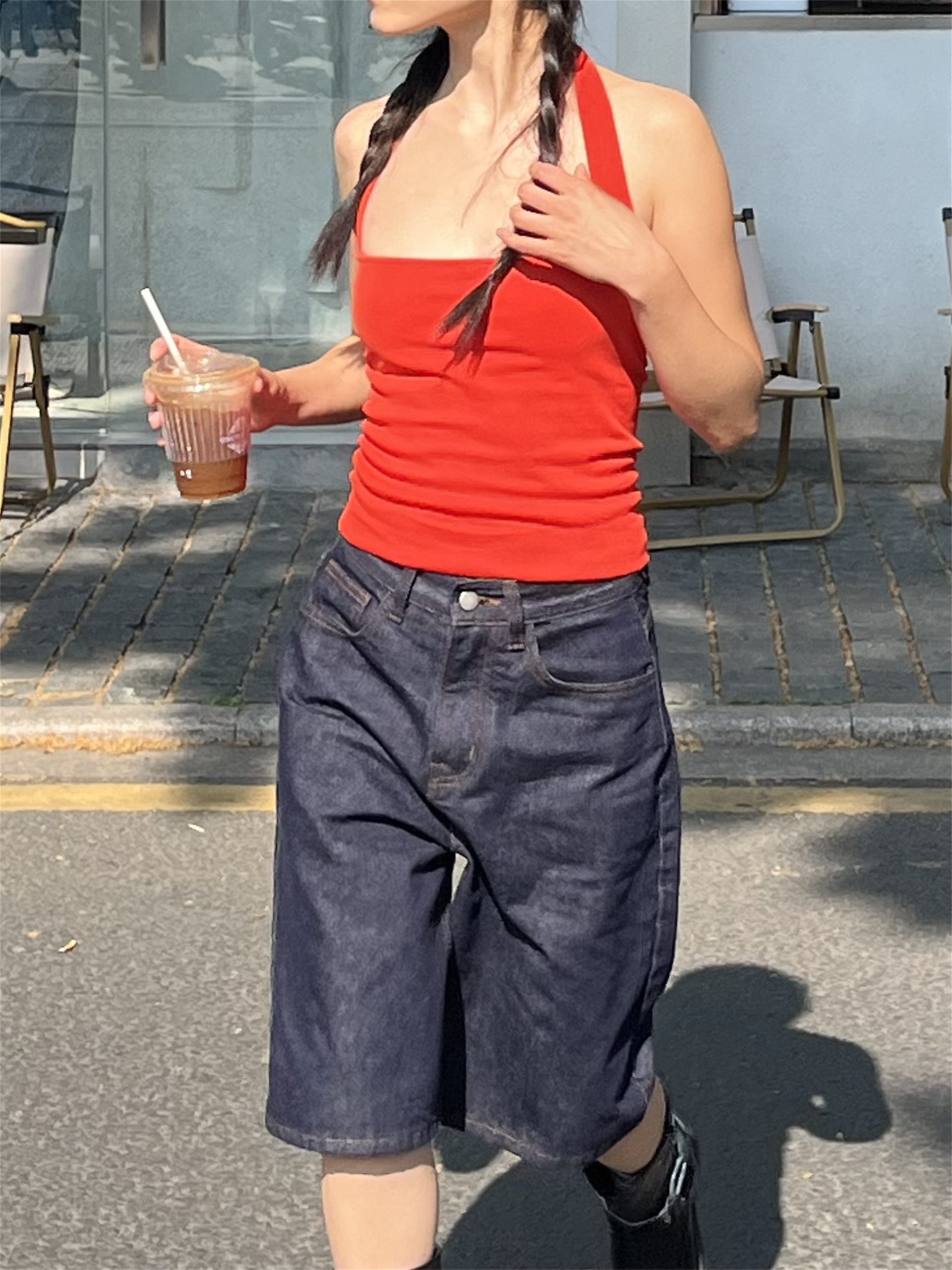 Vintage Street Style Five-Point Denim Shorts for Women, Slim Fit Boyfriend Capris, Casual American Fashion, Summer Essential Vintage Street Style Five-Point Denim Shorts for Women, Slim Fit Boyfriend Capris, Casual American Fashion, Summer Essential