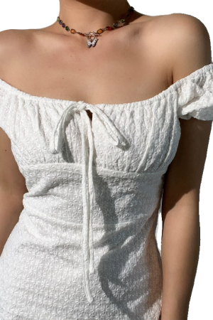 Vintage Sweet Square Neck Tie Waist Embroidered White Dress for Girls - Cute Zhao Lusi Inspired Style, Perfect for Y2K Fashion