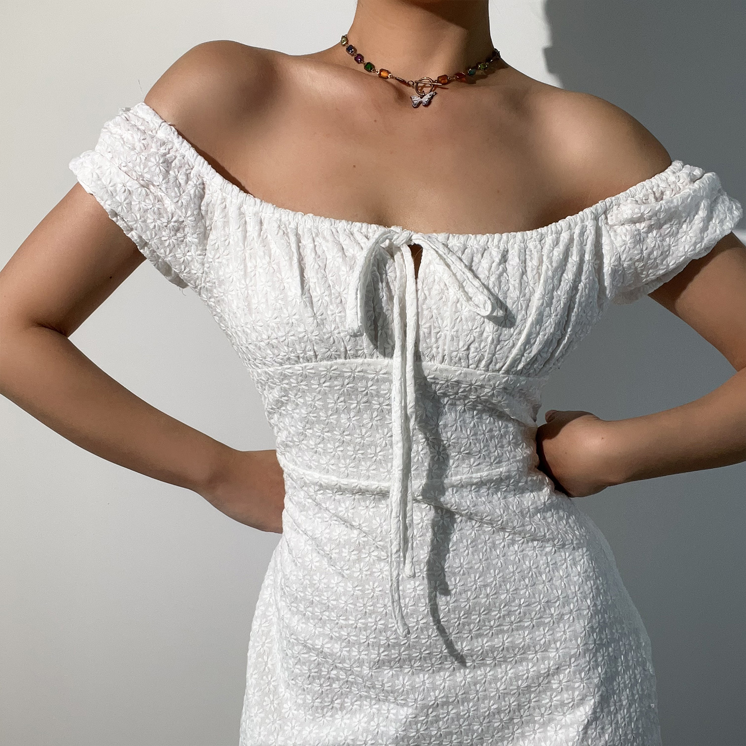 Vintage Sweet Square Neck Tie Waist Embroidered White Dress for Girls - Cute Zhao Lusi Inspired Style, Perfect for Y2K Fashion Vintage Sweet Square Neck Tie Waist Embroidered White Dress for Girls - Cute Zhao Lusi Inspired Style, Perfect for Y2K Fashion