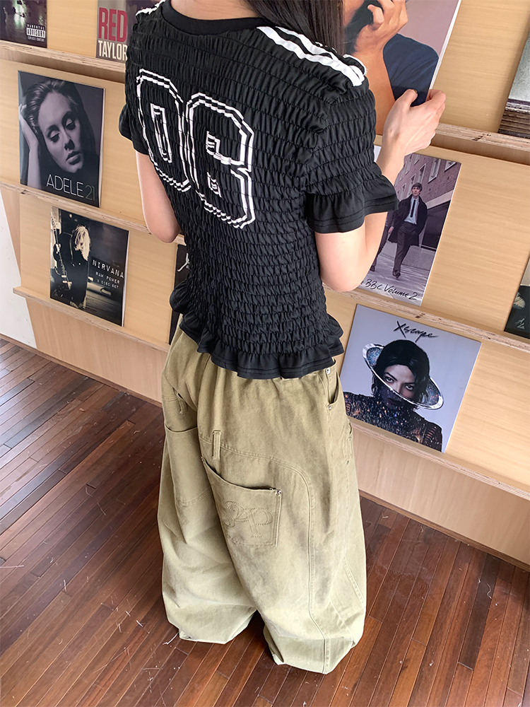 Vintage Textured Ruffled Slim Fit Short T-Shirt for Women - Summer Round Neck Jersey Short Sleeve Top in American Style Vintage Textured Ruffled Slim Fit Short T-Shirt for Women - Summer Round Neck Jersey Short Sleeve Top in American Style