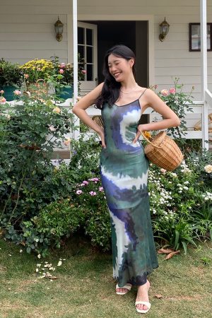 Vintage Tie-Dye Long Slim Sexy Split Dress with French Print - 90s Inspired Fashion