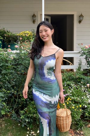Vintage Tie-Dye Long Slim Sexy Split Dress with French Print - 90s Inspired Fashion