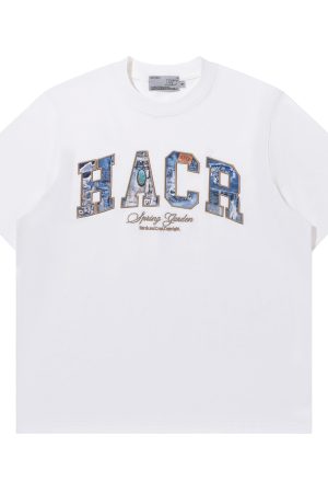 Vintage Turquoise Denim Patch Embroidered Loose Short-Sleeve T-Shirt â€“ 90s Inspired American Style Fashion Top