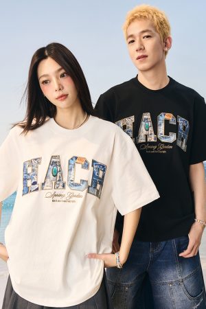 Vintage Turquoise Denim Patch Embroidered Loose Short-Sleeve T-Shirt â€“ 90s Inspired American Style Fashion Top