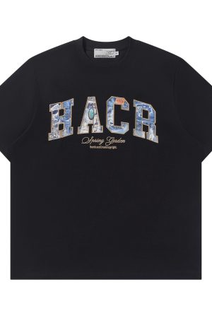 Vintage Turquoise Denim Patch Embroidered Loose Short-Sleeve T-Shirt â€“ 90s Inspired American Style Fashion Top