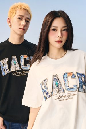 Vintage Turquoise Denim Patch Embroidered Loose Short-Sleeve T-Shirt â€“ 90s Inspired American Style Fashion Top