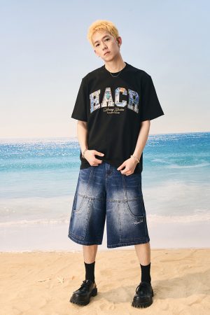 Vintage Turquoise Denim Patch Embroidered Loose Short-Sleeve T-Shirt â€“ 90s Inspired American Style Fashion Top