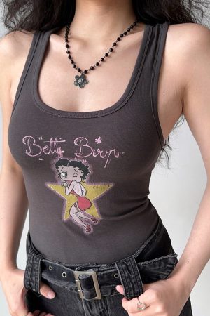 Vintage U-Neck Printed Tank Top for Women - Slim Fit Sleeveless Tee in American Style - Perfect for 90s and Y2K Fashion