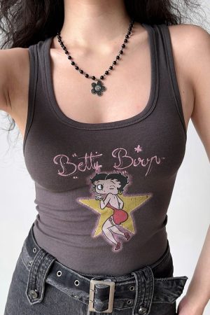 Vintage U-Neck Printed Tank Top for Women - Slim Fit Sleeveless Tee in American Style - Perfect for 90s and Y2K Fashion