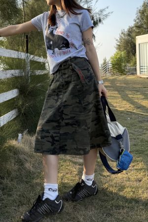 Vintage Washed Camouflage Skirt for Women - Casual American-Style Summer Workwear, Niche Design, Trendy 90s Fashion