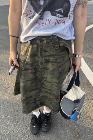 Vintage Washed Camouflage Skirt for Women - Casual American-Style Summer Workwear, Niche Design, Trendy 90s Fashion