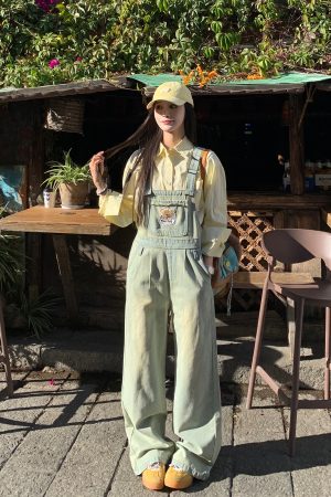 Vintage Washed Denim Overalls for Women - Casual Wide-Leg Jumpsuit for Spring/Summer 2025, Y2K Inspired Fashion
