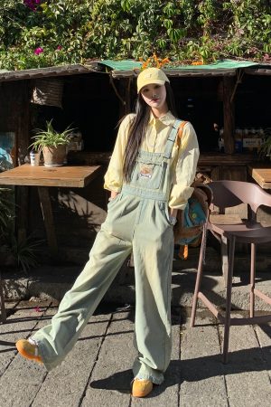 Vintage Washed Denim Overalls for Women - Casual Wide-Leg Jumpsuit for Spring/Summer 2025, Y2K Inspired Fashion