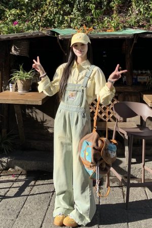 Vintage Washed Denim Overalls for Women - Casual Wide-Leg Jumpsuit for Spring/Summer 2025, Y2K Inspired Fashion