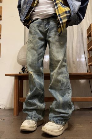 Vintage Washed Distressed Straight Leg Jeans for Men - Loose Fit Wide Leg Pants, Retro 90s Style