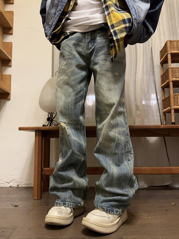 Vintage Washed Distressed Straight Leg Jeans for Men - Loose Fit Wide Leg Pants, Retro 90s Style Vintage Washed Distressed Straight Leg Jeans for Men - Loose Fit Wide Leg Pants, Retro 90s Style