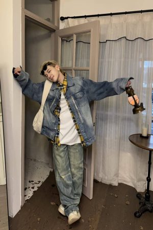 Vintage Washed Distressed Straight Leg Jeans for Men - Loose Fit Wide Leg Pants, Retro 90s Style