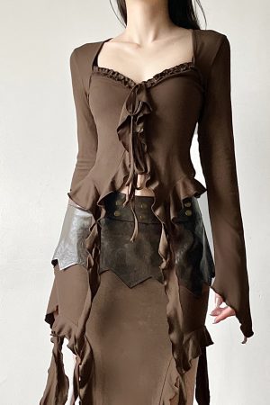 Vintage Wasteland Ruffled Edge Flowing Ribbon Cardigan - Women's Retro Bell Sleeve Shirt with Niche Design