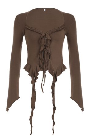 Vintage Wasteland Ruffled Edge Flowing Ribbon Cardigan - Women's Retro Bell Sleeve Shirt with Niche Design