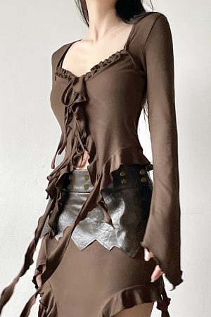 Vintage Wasteland Ruffled Edge Flowing Ribbon Cardigan - Women's Retro Bell Sleeve Shirt with Niche Design