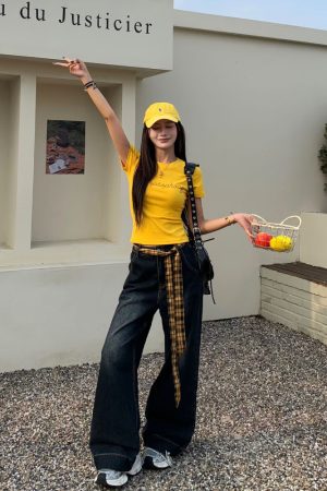 Vintage Wide-Leg Floor-Length Jeans for Women - Yellow Waistband, Blue Gray Straight-Leg Design, Summer Fashion