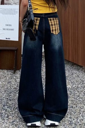Vintage Wide-Leg Floor-Length Jeans for Women - Yellow Waistband, Blue Gray Straight-Leg Design, Summer Fashion