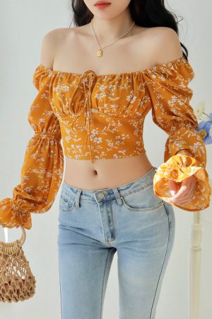 Vintage Yellow Floral Long Sleeve Shirt for Women - Loose Fit Square Neck Top - French Style Outerwear - Perfect for 90s and Y2K Fashion